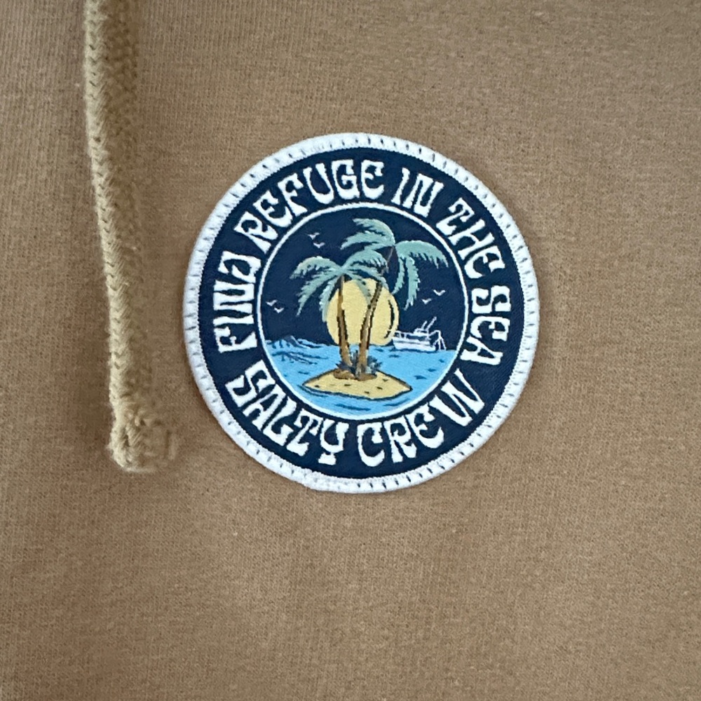 Salty Crew Blue Crabber Overdyed Sweatshirt in Sandstone with Palm Tree Sleeve - Picture 4 of 10
